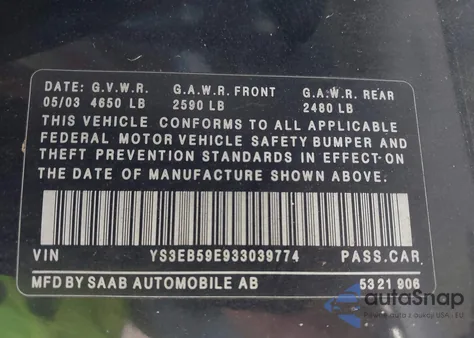 2003 Saab 9-5 из США, поврежденный, VIN YS3EB59E933039774